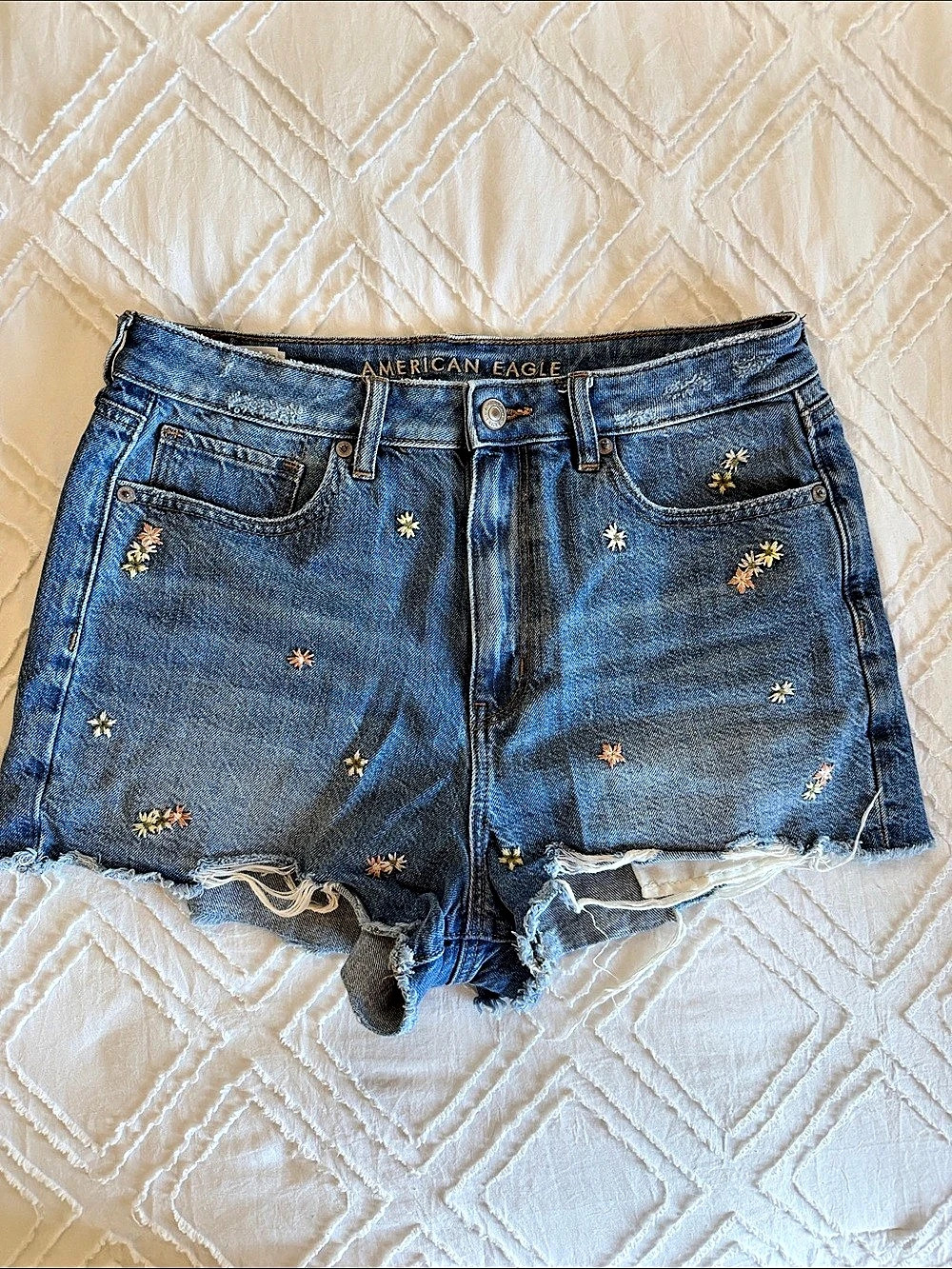American Eagle Floral Embroidered Denim Mom Shorts Embroidered Distressed Jean